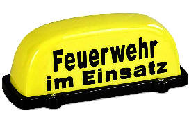 Florian's Feuerwehrshop ® - Dachaufsetzer SPEED - leuchtrot -  LED-Dauerlicht und Spiralkabel, zweizeilige Aufschrift in gelb: FEUERWEHR  IM EINSATZ